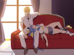  1boy 1girl blonde_hair blue_hair blush book closed_eyes couch curtains dizzy guilty_gear highres indoors ky_kiske lap_pillow long_hair lying midriff on_back ookami_ryousuke open_book ribbon short_hair shorts sitting smile sunlight tail tail_ribbon window yellow_eyes 