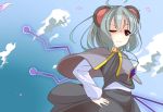 1girl animal_ears capelet cherry_blossoms clouds cloudy_sky dowsing_rod gem highres jewelry long_sleeves miton15 mouse_ears nazrin necklace one_eye_closed pendant petals red_eyes shirt short_hair silver_hair skirt skirt_set sky smile solo touhou 