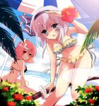  2girls beach bikini blue_eyes blush breasts dokulow fisheye flower frilled_bikini frills hairband hand_to_forehead hibiscus katana konpaku_youmu konpaku_youmu_(ghost) leaning_forward looking_at_viewer multiple_girls ocean open_mouth pink_hair red_eyes saigyouji_yuyuko short_hair sparkle swimsuit sword touhou triangular_headpiece umbrella weapon white_hair 