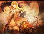  1girl bare_shoulders blonde_hair dragon hands_clasped long_hair pixiv_fantasia pixiv_fantasia_fallen_kings pointy_ears rikkido text thigh-highs wind yellow_eyes zettai_ryouiki 