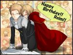  1boy 1girl blush bow brown_hair cape closed_eyes formal frills glasses gloves happy_birthday highres hug hug_from_behind liam_lunettes lily_(pandora_hearts) open_mouth pandora_hearts paper short_hair smile 