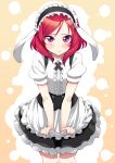  1girl akino_sora animal_ears apron blush cosplay gochuumon_wa_usagi_desuka? hair_ornament highres kirima_sharo kirima_sharo_(cosplay) looking_at_viewer love_live!_school_idol_project nishikino_maki pout rabbit_ears redhead short_hair skirt skirt_tug solo violet_eyes waitress wavy_mouth 