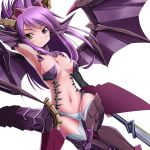  1girl armpits dragon_girl dragon_tail heterochromia highres horns long_hair midriff navel polearm purple_hair puzzle_&amp;_dragons simple_background solo sonia_(p&amp;d) spear tail ver.5 violet_eyes weapon white_background wings yellow_eyes 