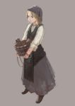  1girl blonde_hair blue_eyes boots bucket buttons carrying dress grey_background holding ishidah long_hair looking_at_viewer original peasant rope simple_background sleeves_pushed_up solo stained_clothes vest wooden_bucket 