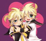  2boys :&lt; blonde_hair blue_eyes blush clone kagamine_len male multiple_boys necktie one_eye_closed open_mouth short_hair smile vocaloid yomorin 