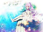  1girl bare_legs clenched_hand in_water labcoat light long_hair looking_at_viewer original ponytail purple_hair rugo sitting smile solo tagme violet_eyes water 