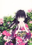 1girl black_hair closed_eyes covering_mouth flower hairband highres holding japanese_clothes kimono lolita_hairband long_hair original rugo solo wind 