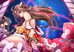  2girls aata1007 ahoge alternate_costume black_eyes black_hair braid breasts brown_eyes brown_hair hairband haruna_(kantai_collection) highres japanese_clothes kantai_collection kimono kongou_(kantai_collection) looking_at_viewer meteor_shower multiple_girls off_shoulder red_thread sideboob thread 