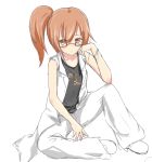  1girl alternate_costume alternate_hairstyle bare_shoulders bracelet character_name coat collarbone crescent_moon full_body glasses hand_on_own_face jewelry kantai_collection kotowa_ruko mochizuki_(kantai_collection) moon necklace orange_eyes orange_hair pants ponytail red_glasses semi-rimless_glasses shoes side_ponytail simple_background sitting solo tank_top torn_clothes torn_sleeves under-rim_glasses white_background white_pants white_shoes 