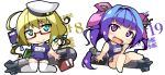  2girls ahoge aqua_eyes beret blonde_hair blue_hair book chibi glasses hair_ornament hair_ribbon hat i-19_(kantai_collection) i-8_(kantai_collection) kantai_collection long_hair looking_at_viewer low_twintails multiple_girls nyagakiya open_mouth red-framed_glasses ribbon school_swimsuit smile star star-shaped_pupils swimsuit symbol-shaped_pupils thigh-highs torpedo twintails violet_eyes white_legwear 