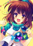  1girl :d brown_eyes brown_hair carbuncle_(puyopuyo) flag hair_ornament holding looking_at_viewer open_mouth ponytail puyopuyo reia smile solo tagme 
