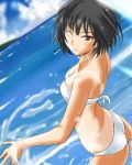  1girl amagami ass bikini black_eyes black_hair blush bob_cut breasts cleavage from_behind looking_at_viewer looking_back murasaki_iro nanasaki_ai one_eye_closed short_hair smile solo swimsuit tan tanline wading water white_bikini white_swimsuit 