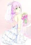  1girl bare_back blush bouquet bridal_veil dress elbow_gloves flower gloves gradient gradient_background green_eyes hair_flower hair_ornament holding jewelry long_hair necklace open_mouth original peragura pink_hair simple_background sitting solo thigh-highs tiara twintails veil wedding_dress white_dress white_gloves white_legwear yokozuwari 