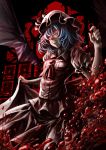  ascot bat_wings blood blood_splatter blue_hair droplets fang glowing glowing_eyes grin highres mob_cap pijirion puffy_short_sleeves puffy_sleeves red_eyes remilia_scarlet short_hair short_sleeves skirt_hold smile splashing spread_wings stained_glass touhou wings 