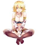  1girl akame_ga_kill! animal_ears bare_shoulders blonde_hair blush boots breasts detached_sleeves hands_clasped highres large_breasts leone long_hair midriff navel nekoro_(nekokabuto) open_mouth scarf simple_background sitting smile solo teeth tubetop white_background yellow_eyes 