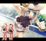  1girl blonde_hair blue_eyes clenched_hand gloves hand_on_headwear hat long_hair open_mouth pixiv_fantasia pixiv_fantasia_3 rugo running solo tagme twintails white_gloves 
