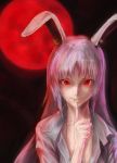  1girl animal_ears baten_(gei-vorugu) black_background bust finger_to_mouth highres lips long_hair long_sleeves looking_at_viewer moon open_clothes open_shirt parted_lips pink_hair rabbit_ears red_eyes red_moon reisen_udongein_inaba shirt smile solo touhou white_shirt 