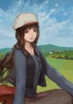  1girl beret blue_shirt brown_hair clouds field hat holo ishidah lips long_hair long_skirt mountain red_eyes sitting skirt sky smile solo spice_and_wolf vest 