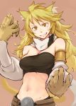  1girl akame_ga_kill! animal_ears bare_shoulders blonde_hair breasts detached_sleeves fang grin highres ipponshimeji large_breasts leone long_hair midriff navel paws scarf simple_background smile solo tail teeth tubetop yellow_eyes 