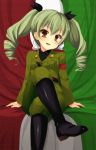  1girl anchovy arm_support armband belt blush boots brown_eyes crossed_legs drill_hair girls_und_panzer green_hair hair_ribbon highres italian_flag jacket knee_boots leaning_back long_hair long_sleeves looking_at_viewer military military_uniform necktie open_mouth pants ribbon sitting smile solo suidou_(kyupirapper) twin_drills twintails uniform 