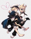  2boys barefoot blonde_hair blue_eyes blush hat heart holding_hands kagamine_len male multiple_boys oliver_(vocaloid) open_mouth sailor_hat short_hair smile vocaloid yaoi yellow_eyes yomorin 