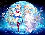  2girls bare_shoulders bishoujo_senshi_sailor_moon bishoujo_senshi_sailor_moon_crystal blonde_hair blue_eyes blue_sailor_collar blue_skirt boots bow bracelet choker closed_mouth crescent double_bun dress dual_persona earrings elbow_gloves eyebrows_visible_through_hair facial_mark forehead_mark full_body gloves hair_ornament hairpin hands_together highres jewelry long_dress long_hair magical_girl miniskirt multiple_girls nardack off_shoulder parted_bangs petals pleated_skirt princess_serenity red_boots red_bow red_footwear ripples sailor_collar sailor_moon sailor_senshi sailor_senshi_uniform short_sleeves skirt smile standing_on_one_leg strapless strapless_dress tiara tsukino_usagi twintails two-tone_gloves very_long_hair white_dress white_gloves 