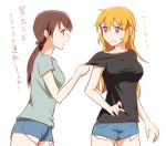  2girls blue_eyes blush brown_eyes brown_hair casual charlotte_e_yeager gertrud_barkhorn highres kisetsu long_hair multiple_girls orange_hair shirt_grab short_hair strike_witches translation_request twintails 