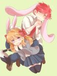  1boy 1girl animal_ears bad_hands blazer blush bow gekkan_shoujo_nozaki-kun hair_bow highres mikanmochi mikoshiba_mikoto orange_hair paintbrush polka_dot_bow rabbit_ears red_eyes redhead sakura_chiyo school_uniform thigh-highs violet_eyes zettai_ryouiki 