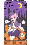  1girl amemiya_ruki bow crescent_moon ghost hair_bow hair_ornament hair_ribbon halloween happy_halloween long_hair moon original pink_hair pointy_ears pumpkin_pants ribbon side_ponytail witch 