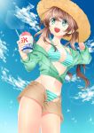  1girl artist_request bikini brown_hair green_eyes hat highres jacket long_hair navel original shaved_ice shorts sky smile solo straw_hat striped striped_bikini striped_swimsuit swimsuit twintails 