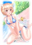  1girl :o animal_ears arm_support beach bell bikini blonde_hair blush braid breasts cat_ears cleavage jingle_bell long_hair looking_away original red_eyes reiji-sss shiny shiny_skin side-tie_bikini sitting skindentation smile striped striped_bikini striped_swimsuit swimsuit wariza wet 