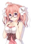  1girl blush breasts cleavage glasses hair_ribbon looking_at_viewer original pink_hair red-framed_glasses ribbon shadow short_hair simple_background solo terras twintails violet_eyes white_background 