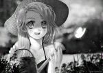  1girl artist_name butterfly freckles hat long_hair monochrome mortmorrison original smile solo sun_hat watering_can 