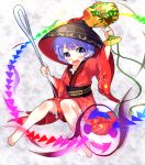  1girl barefoot bow japanese_clothes kimono mallet needle open_mouth paragasu_(parags112) purple_hair short_hair solo sukuna_shinmyoumaru touhou violet_eyes wide_sleeves 