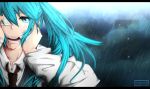  1girl aqua_eyes aqua_hair cosplay eyepatch hands_on_own_face hatsune_miku highres kaneki_ken kaneki_ken_(cosplay) kortrex necktie rain solo tokyo_ghoul vocaloid watermark web_address 