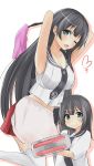  2girls agano_(kantai_collection) apron armpits arms_behind_back arms_up black_hair commentary_request duster highres if_they_mated kantai_collection long_hair looking_at_viewer mother_and_daughter multiple_girls open_mouth saku_(kudrove) smirk thigh-highs vacuum_cleaner very_long_hair white_legwear 