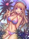  1girl atago_(kantai_collection) bikini blonde_hair blue_eyes breasts dutch_angle hat heart highres kantai_collection long_hair open_mouth palm_tree pointing sky solo swimsuit tree urokoda 