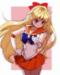  1girl aino_minako becky2006 bishoujo_senshi_sailor_moon blonde_hair blue_eyes bow choker collarbone earrings elbow_gloves gloves hair_bow half_updo hand_on_hip jewelry long_hair looking_at_viewer magical_girl orange_skirt outstretched_hand pink_background sailor_collar sailor_venus short_sleeves sketch skirt solo tiara two-tone_background white_background 