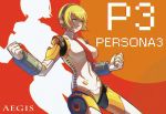  42 aegis android blonde_hair blue_eyes breasts character_name clenched_hands copyright_name grin hairband necktie persona persona_3 short_hair smile 