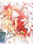  1girl barefoot blonde_hair book card closed_eyes flandre_scarlet hat long_hair lying nazi_(1446480) puffy_sleeves red_skirt ribbon side_ponytail skirt solo touhou wings 