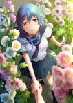  blue_hair blush flower highres original rowya school_uniform serafuku solo_focus summer violet_eyes 