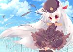  1girl animal_ears chain-link_fence frilled_skirt frills hat long_hair looking_at_viewer mizu_(nonbiri) original red_eyes silver_hair skirt sky smile solo tagme tail thigh-highs very_long_hair wind wolf_ears wolf_tail zettai_ryouiki 