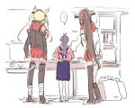  ... 3girls arms_behind_back back black_legwear cape height_difference houshou_(kantai_collection) kantai_collection kitchen long_hair lowres macchi multiple_girls musashi_(kantai_collection) ponytail thigh-highs twintails yamato_(kantai_collection) zettai_ryouiki 