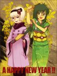  2girls black_lipstick blonde_hair buck_teeth coat dress fur_trim glasses gloves green_eyes green_hair hairband homestuck jade_harley japanese_clothes kimono lipstick long_hair makeup mi_ttttu multiple_girls new_year rose_lalonde round_glasses short_hair smile violet_eyes 