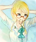  1girl anco_(melon85) arms_behind_head ayase_eli bespectacled blonde_hair blue_eyes collarbone colored_pencil_(medium) glasses hands_on_head looking_to_the_side love_live!_school_idol_project mouth_hold neck_ribbon ponytail ribbon short_sleeves solo traditional_media tying_hair white_blouse 