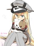  1girl bare_shoulders bismarck_(kantai_collection) blonde_hair blue_eyes blush elbow_gloves exrail gloves grey_legwear hat highres holding holding_stuffed_animal kantai_collection long_hair peaked_cap simple_background sitting solo stuffed_animal stuffed_toy thigh-highs twitter_username white_background 