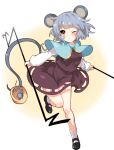  1girl animal_ears basket capelet grey_hair mouse mouse_ears mouse_tail nazrin one_eye_closed paragasu_(parags112) red_eyes rod solo tail thighs touhou 