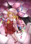  2girls arms_at_sides asymmetrical_hair asymmetrical_wings back-to-back bat_wings black_legwear blonde_hair blue_hair dress flandre_scarlet floor from_above highres looking_at_viewer looking_back mary_janes miniskirt mob_cap multiple_girls outstretched_hand pantyhose pink_dress poini_(king-scarlet-dead) puffy_short_sleeves puffy_sleeves red_dress red_eyes remilia_scarlet shoes short_hair short_sleeves siblings side_ponytail sisters skirt smile tile_floor tiles touhou wings 