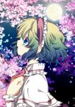  1girl alice_margatroid blonde_hair blue_eyes capelet cherry_blossoms from_side full_moon hairband highres hikobae moon moonlight petals sash solo touhou 