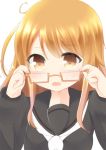  1girl adjusting_glasses ahoge bust crying crying_with_eyes_open frown glasses holding holding_glasses kantai_collection long_hair long_sleeves mochizuki_(kantai_collection) no_nose open_mouth orange_eyes orange_hair red-framed_glasses red_glasses school_uniform semi-rimless_glasses serafuku simple_background tears under-rim_glasses white_background yu1 